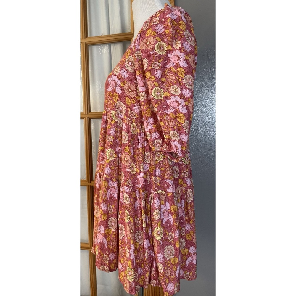 Babydoll Tiered Floral Mini Dress Sz M Orange Yellow Balloon Sleeve Beach Boho - Picture 4 of 13